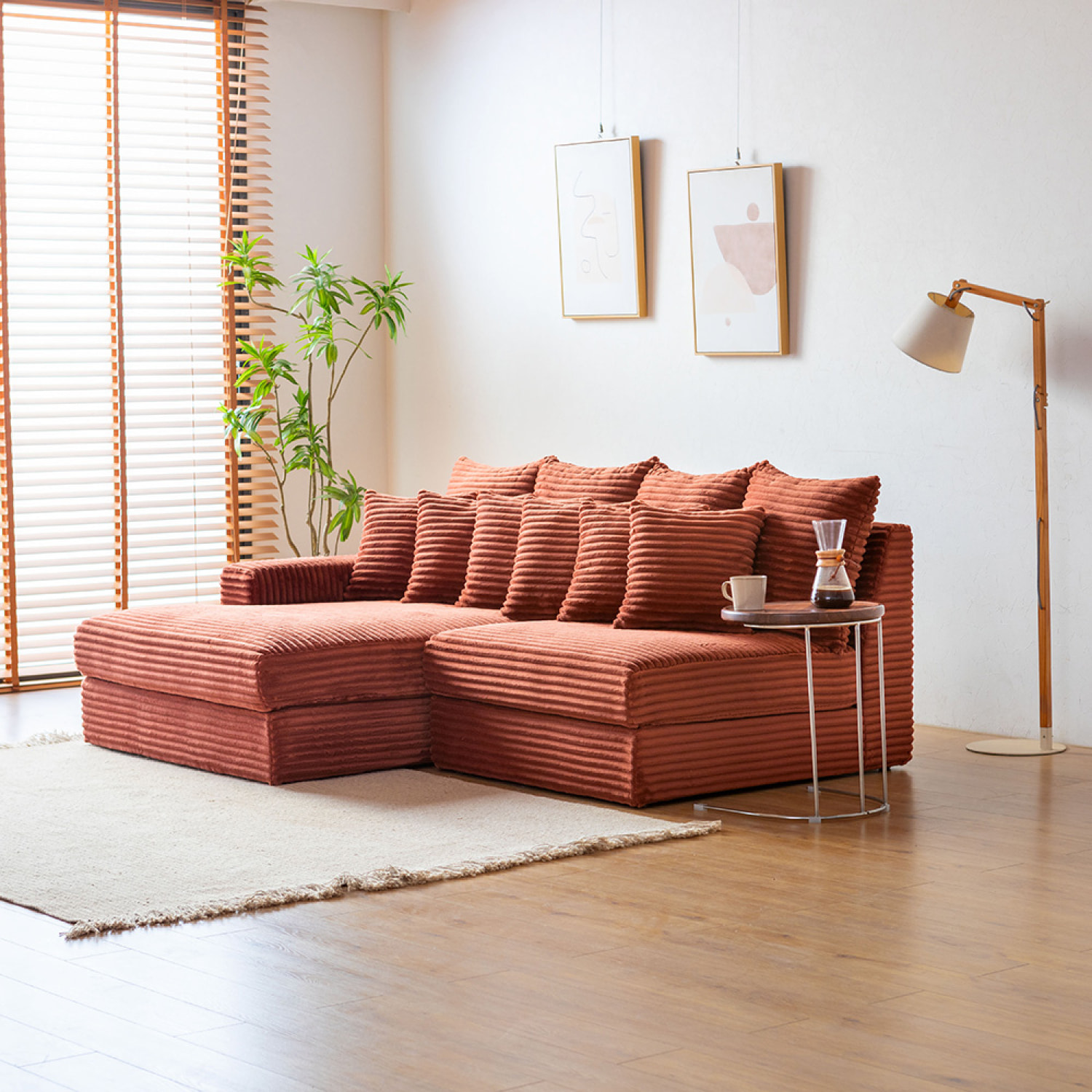 KENDARI Canapé d'angle 2/3 places assise profonde en velours côtelé terracotta