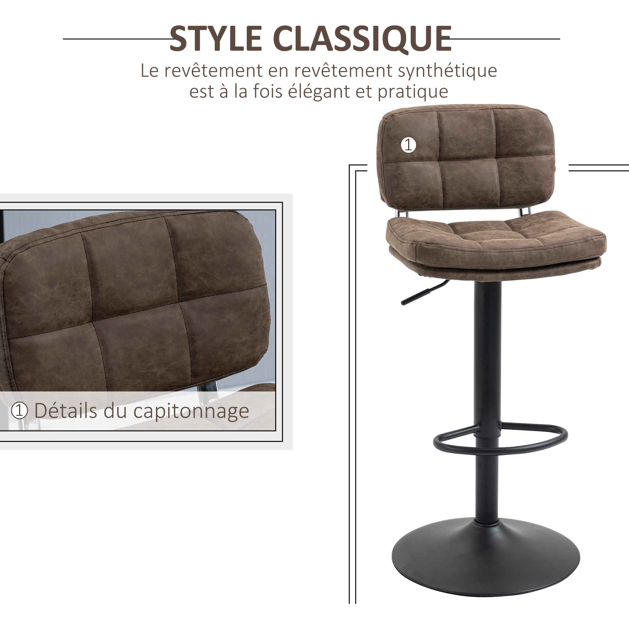 Lot de 2 tabourets de bar – Style vintage – Capitonnés, réglables et pivotants