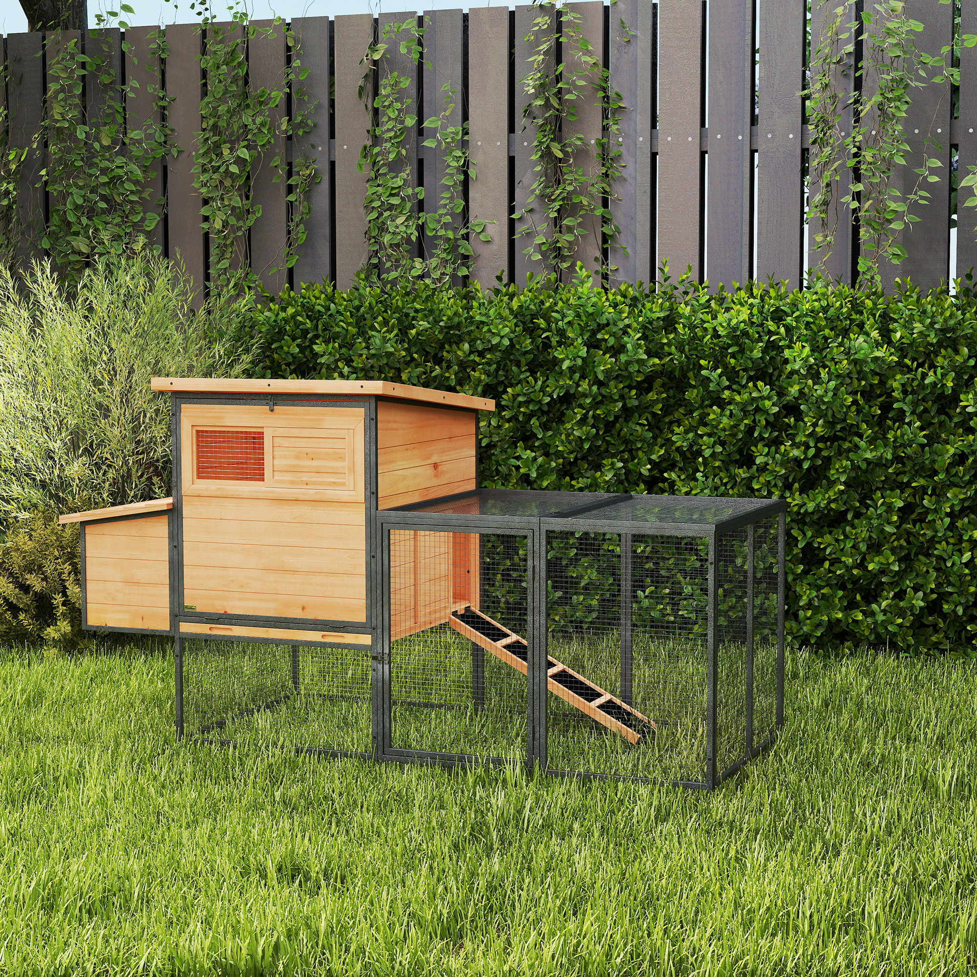Poulailler bois surélevé avec enclos acier - 2 pondoirs, 3 portes, toits ouvrants - 192x81x104cm