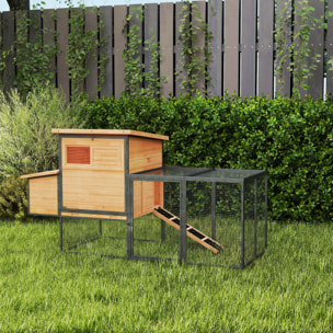 Poulailler bois surélevé avec enclos acier - 2 pondoirs, 3 portes, toits ouvrants - 192x81x104cm