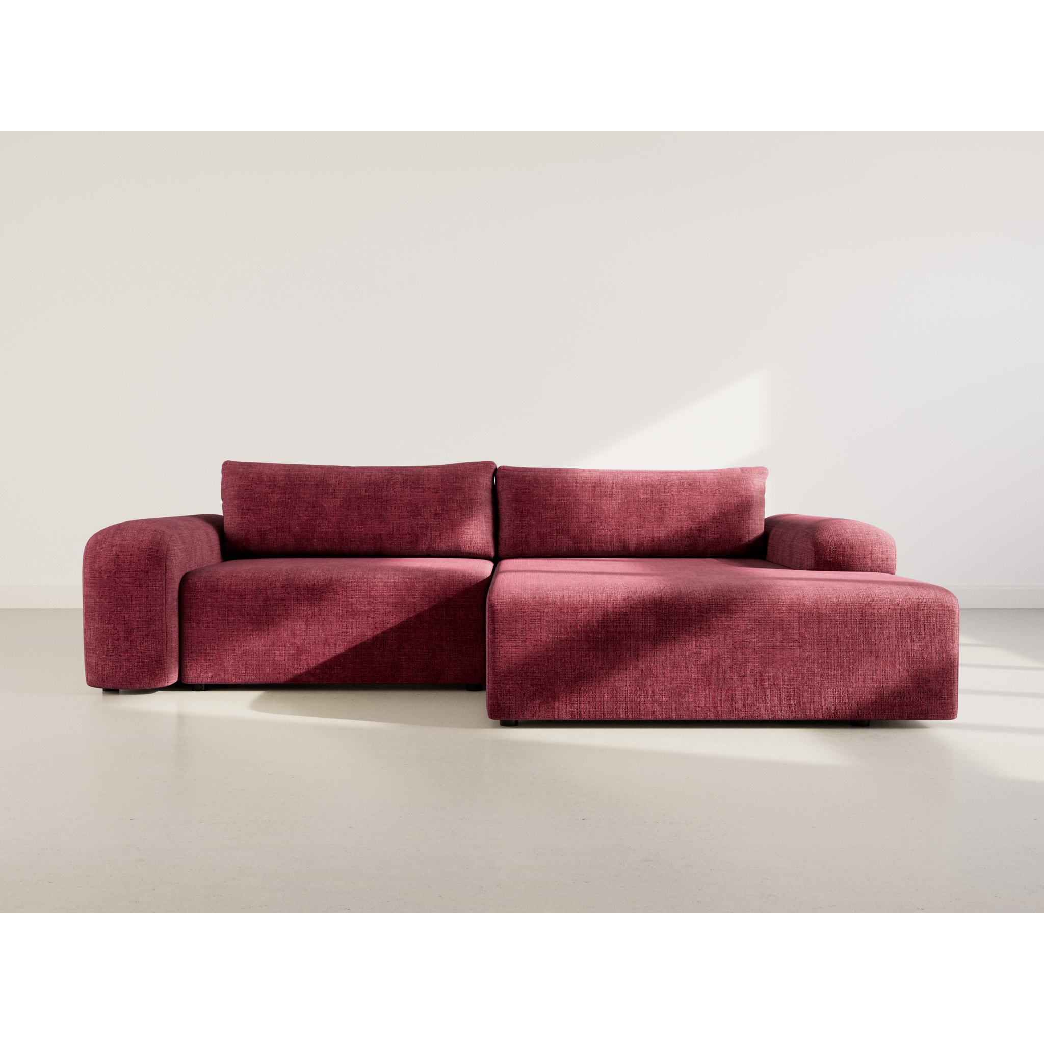 Rebecca - canapé d'angle droit 4 places convertible avec coffre en velours texturé - Prune
