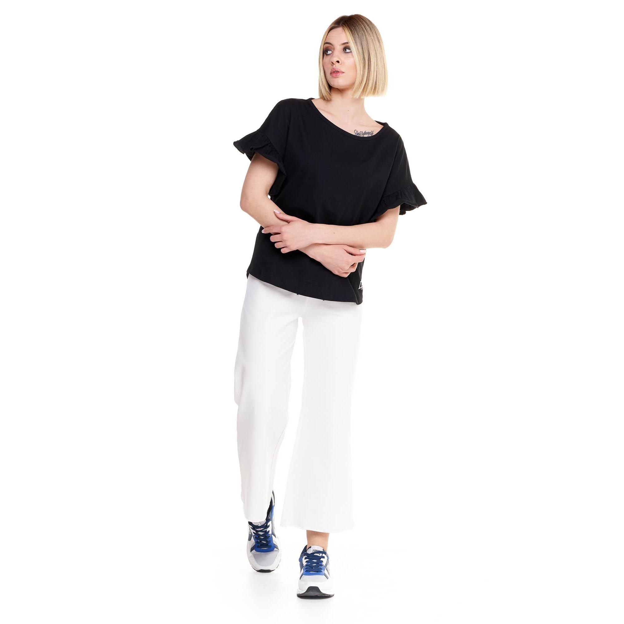 Camiseta de mujer brillante de manga corta con volantes