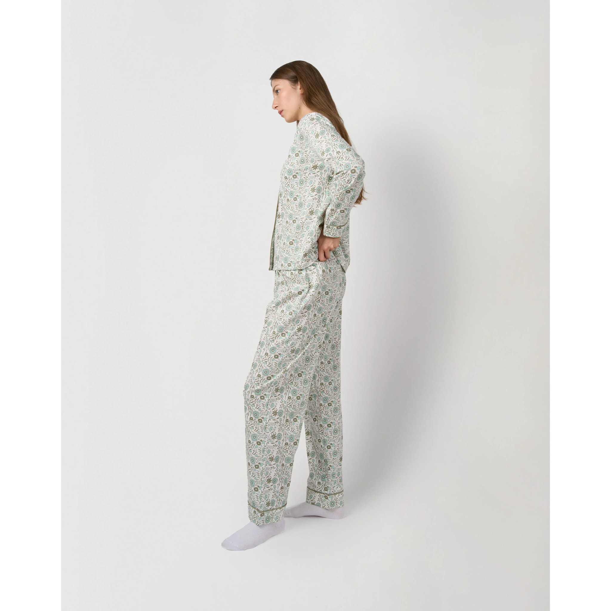 Pigiama lungo camicia in cotone melodi verde
