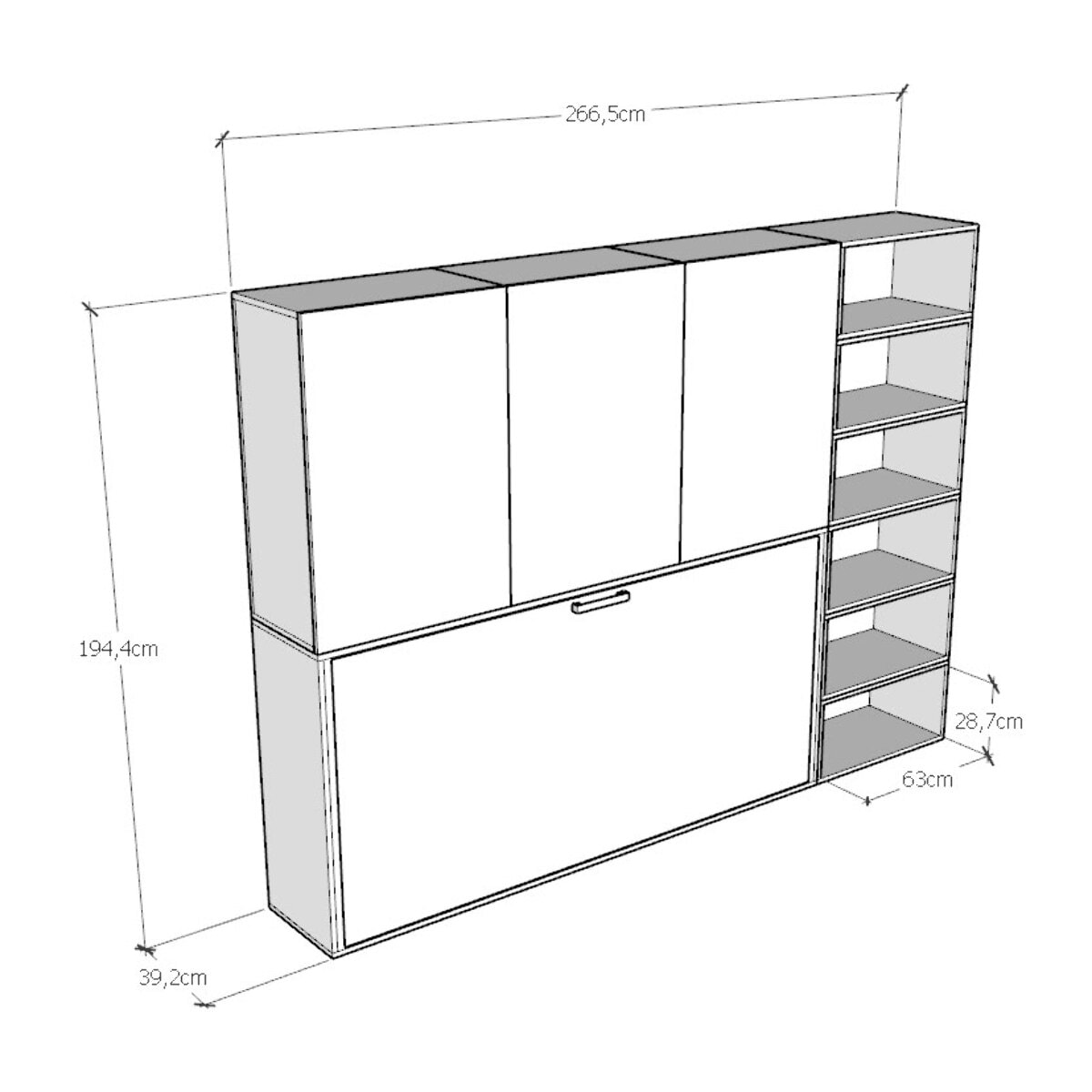 Armoire lit escamotable horizontal 1 couchage 85 Kando avec matelas composition G Frêne Blanc