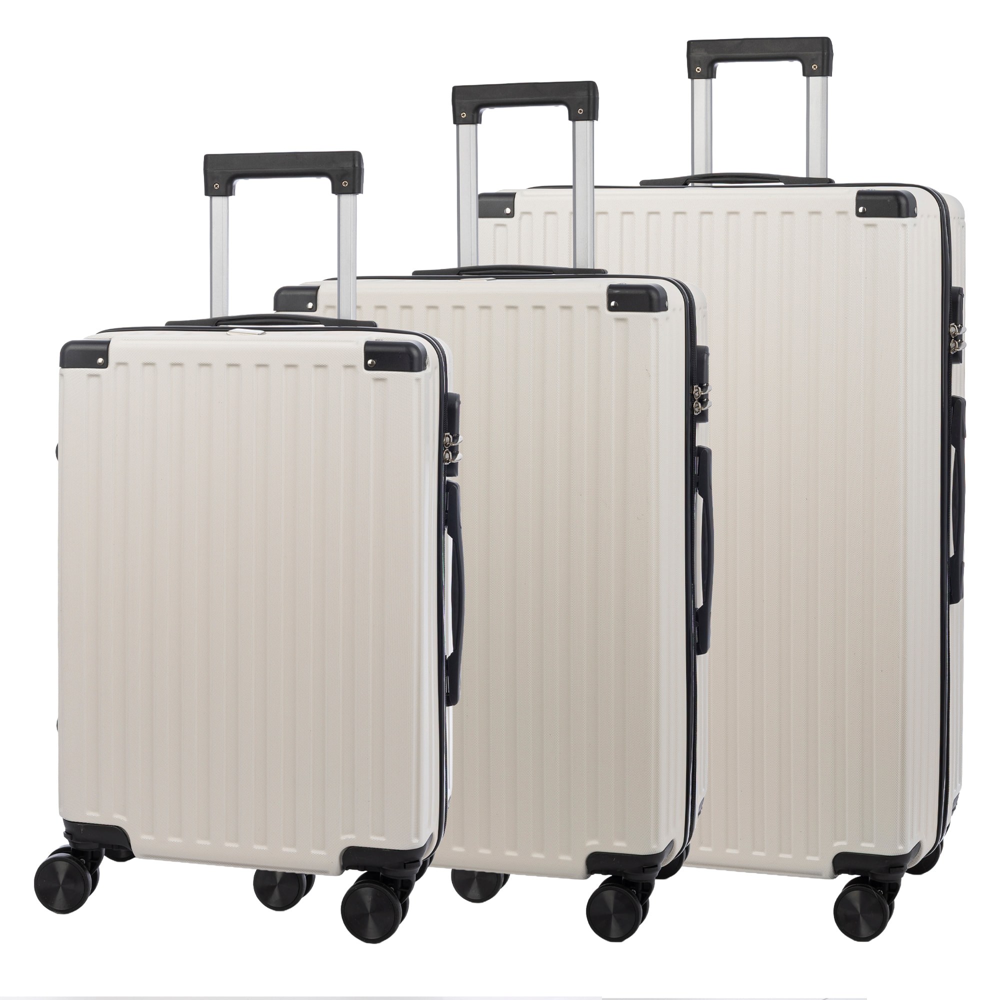 Juego de 3 maletas Trolley, en material ligero ABS de alta resistencia con esquinas reforzadas. Cerradura numérica y 4 ruedas dobles extraíbles y giratorias 360°.