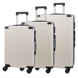 Juego de 3 maletas Trolley, en material ligero ABS de alta resistencia con esquinas reforzadas. Cerradura numérica y 4 ruedas dobles extraíbles y giratorias 360°.