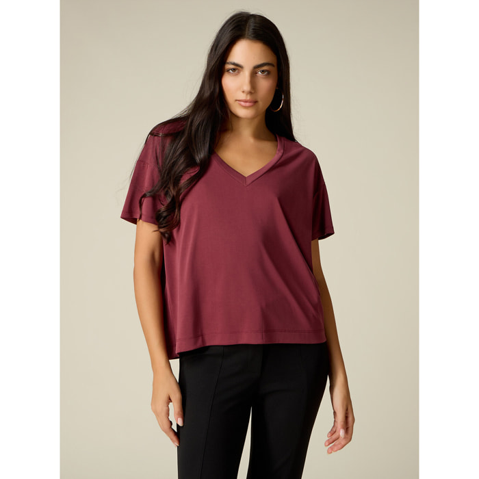 Oltre - T-shirt misto modal con scollo a V - Bordeaux