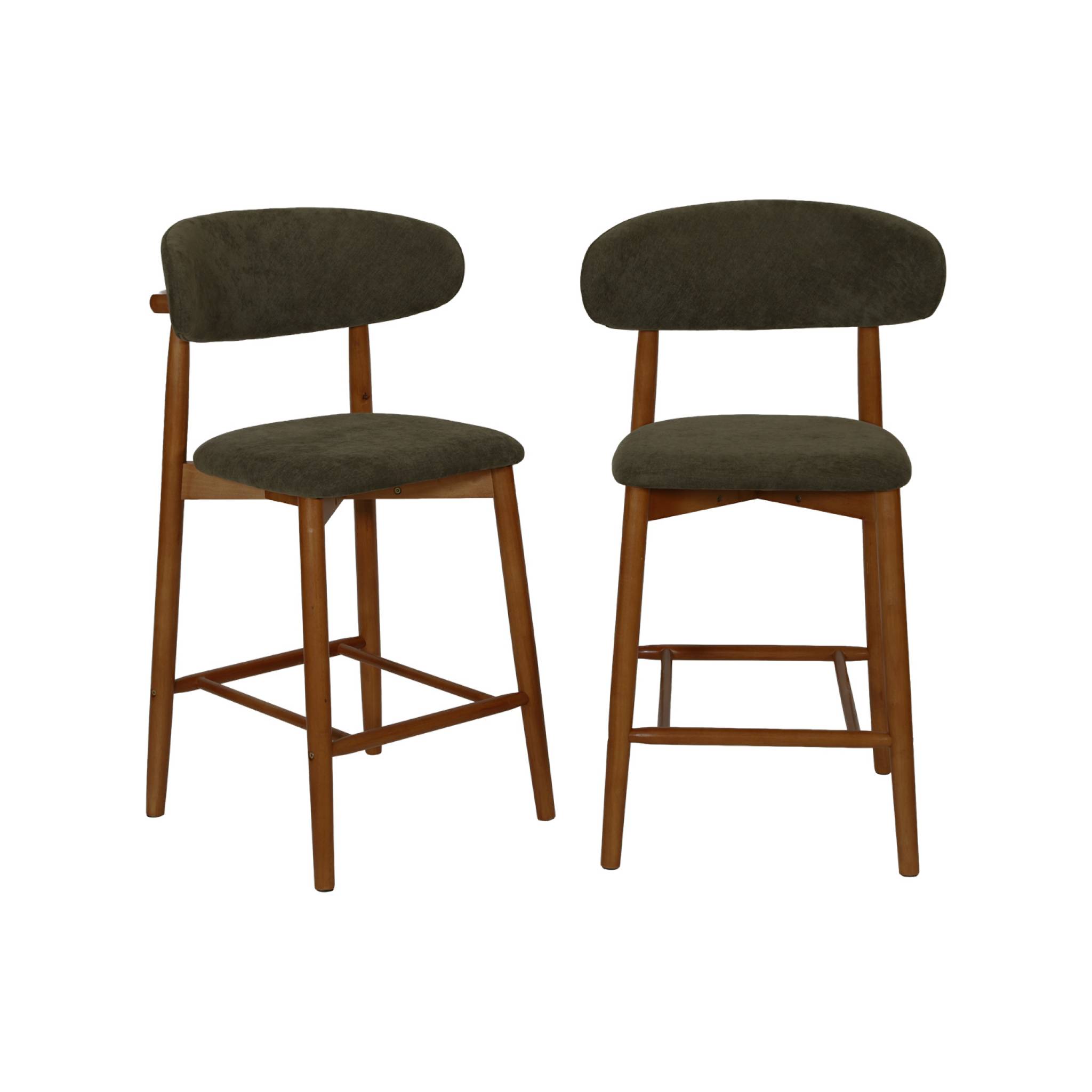 Tabouret de bar bois d'hévéa noyer et tissu chenille (lot de 2)  PAOLA