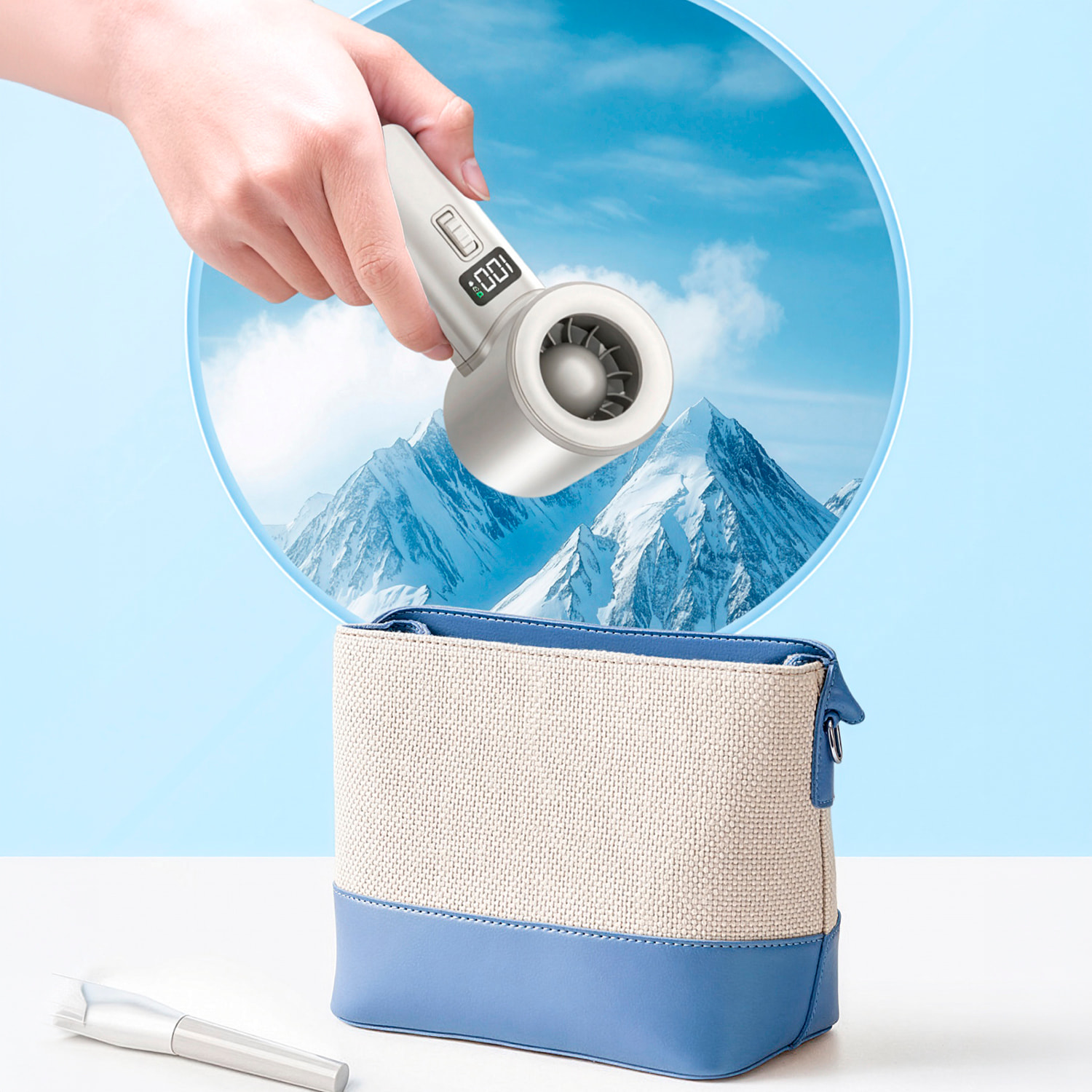 Ventilatore portatile S1064 con 199 velocità di regolazione continua, schermo LCD e visualizzazione in tempo reale del livello della batteria.