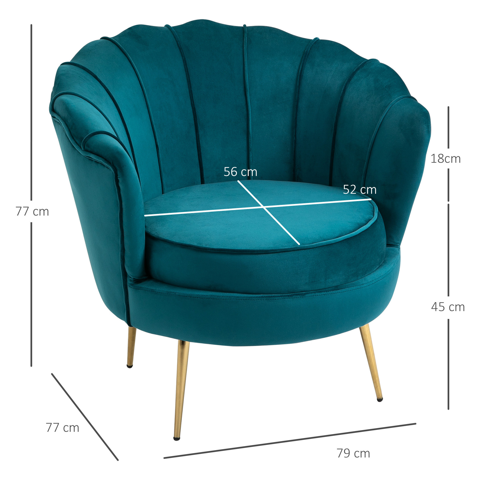 Fauteuil coquillage fauteuil design dim. 79L x 77l x 77H cm pieds dorés effilés velours bleu canard