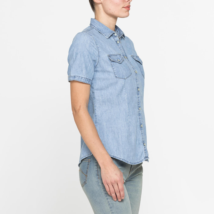 CAMICIA SLIM FIT A MANICA CORTA IN DENIM LEGGERO 7oz