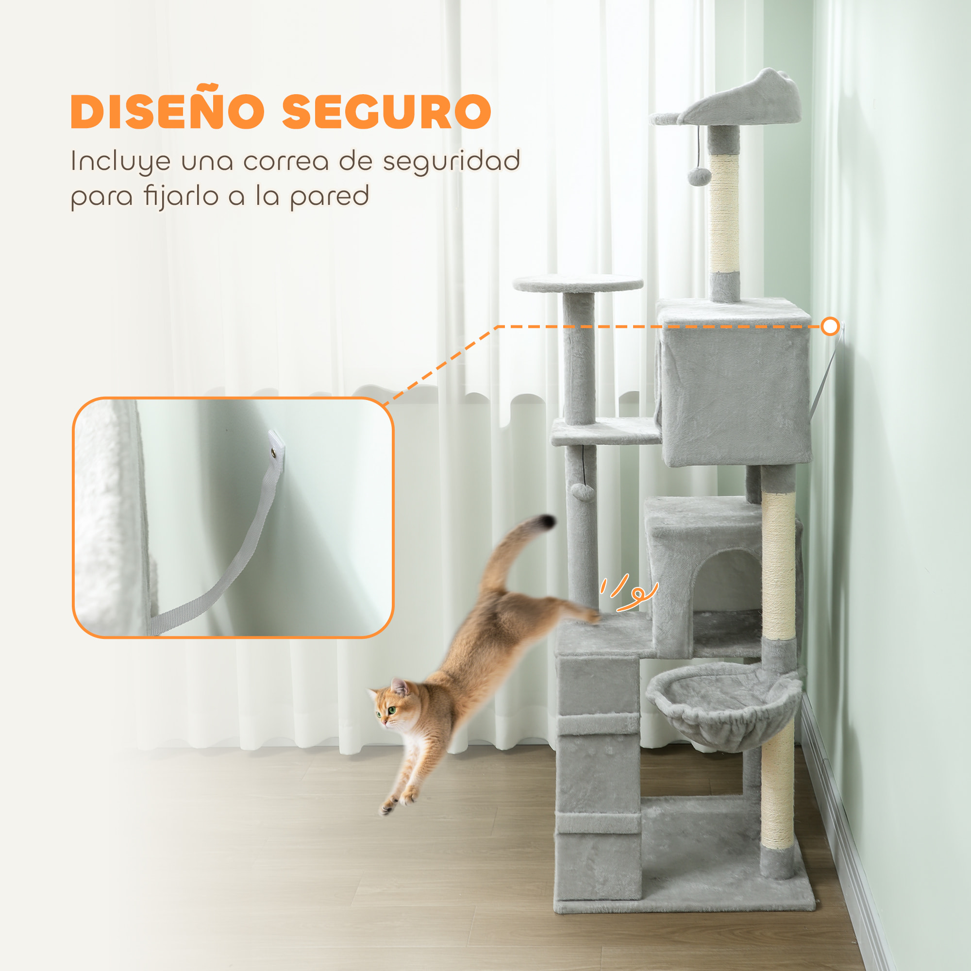 Árbol Rascador para Gatos, Árbol para Gatos 180 cm, Torre Escalador con Múltiples Plataformas, Cama, 2 Cuevas, Hamaca, Escalera, Postes de Sisal, Bolas para Jugar, Gris Claro