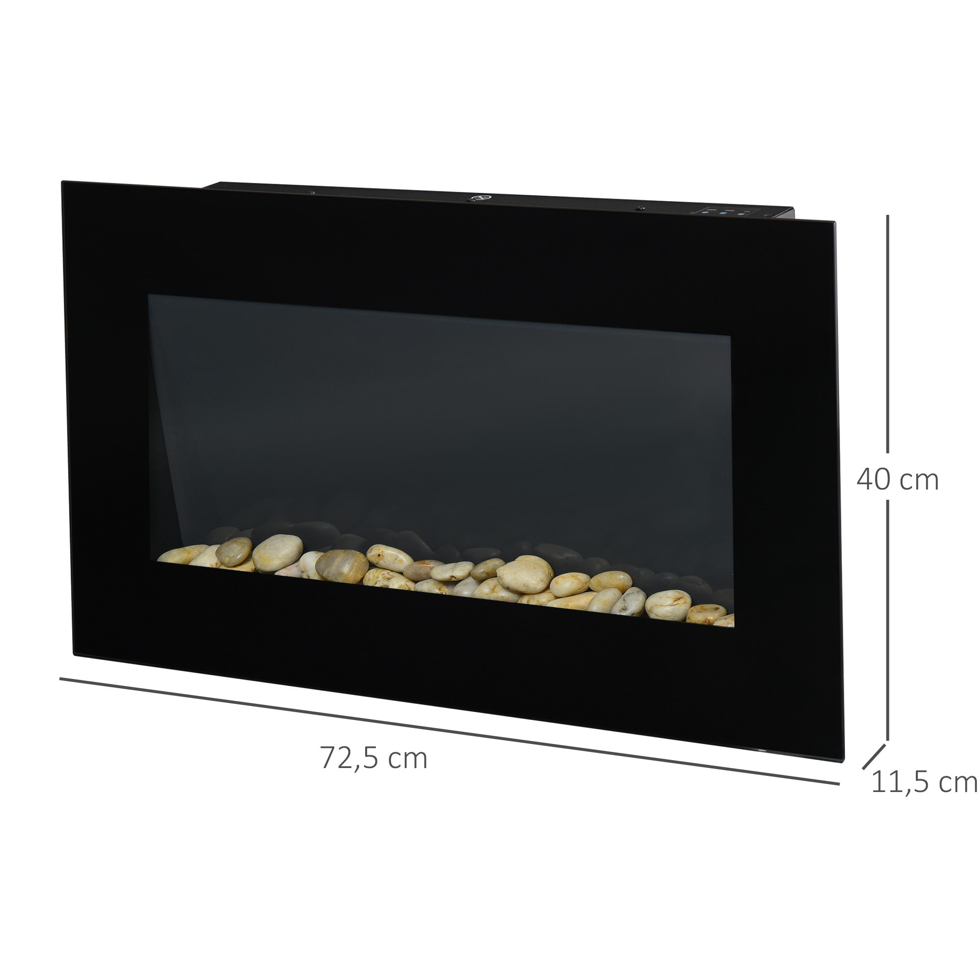 Cheminée électrique murale 1000/2000W effet flammes LED 7 couleurs réglables télécommande galets noir