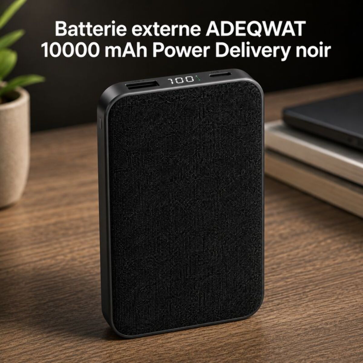 Batterie externe ADEQWAT PowerBank 10000 mAh Power Delivery noir compatible iPhone 16 15 14 et Samsung Galaxy