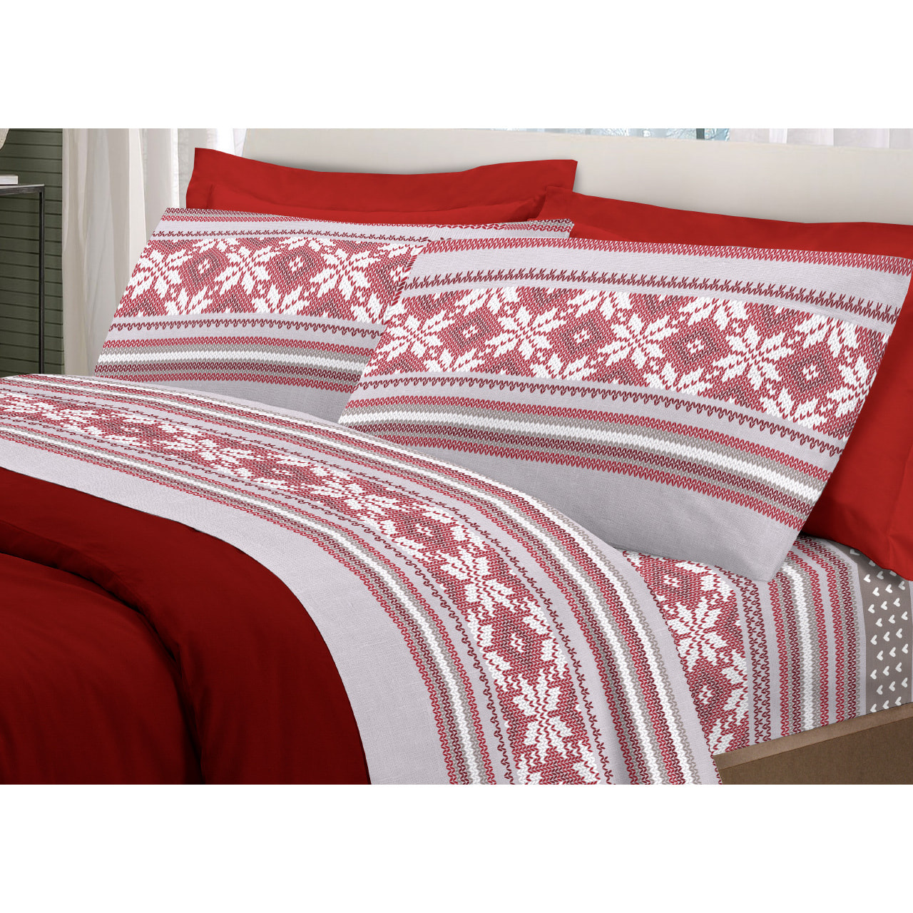 Completo Lenzuola in 100% Cotone Made In Italy Norvegia Rosso