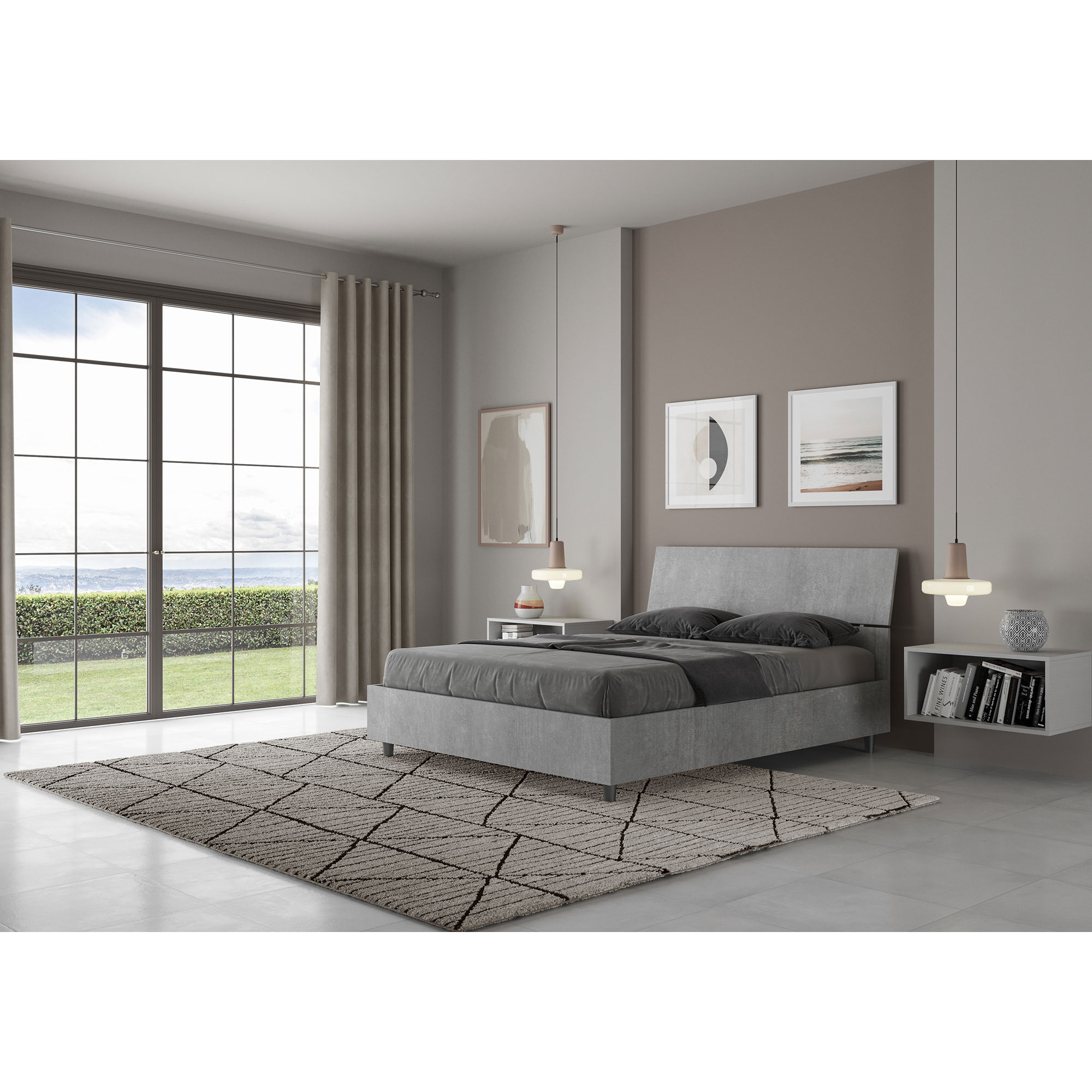 Lit double coffre 140x200 tête de lit inclinée gris béton Demas