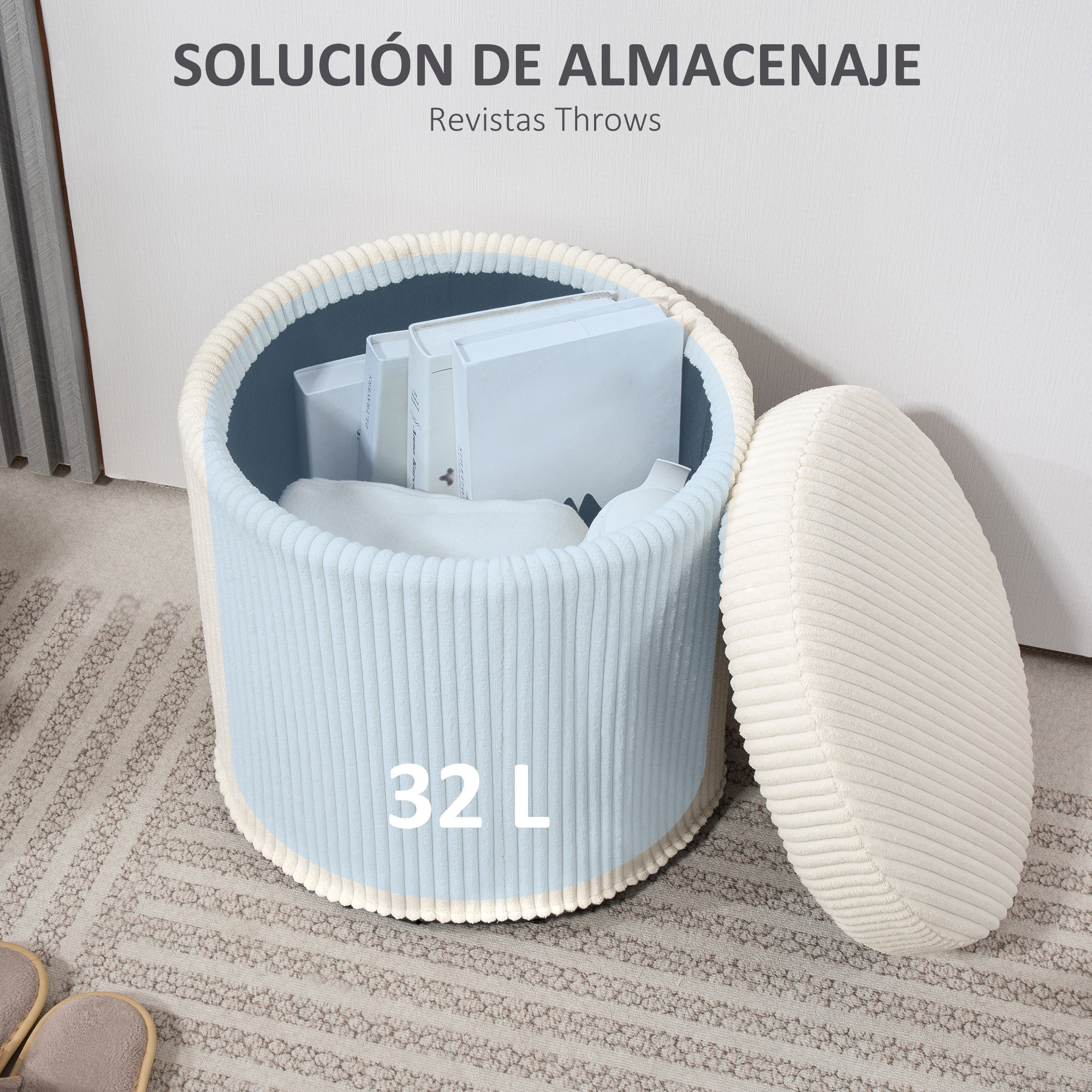 Puff Almacenaje Baúl de Almacenaje Redondo Tapizado en Pana Asiento Acolchado Tapa Extraíble para Pasillo Dormitorio Salón Ø40x41 cm Beige