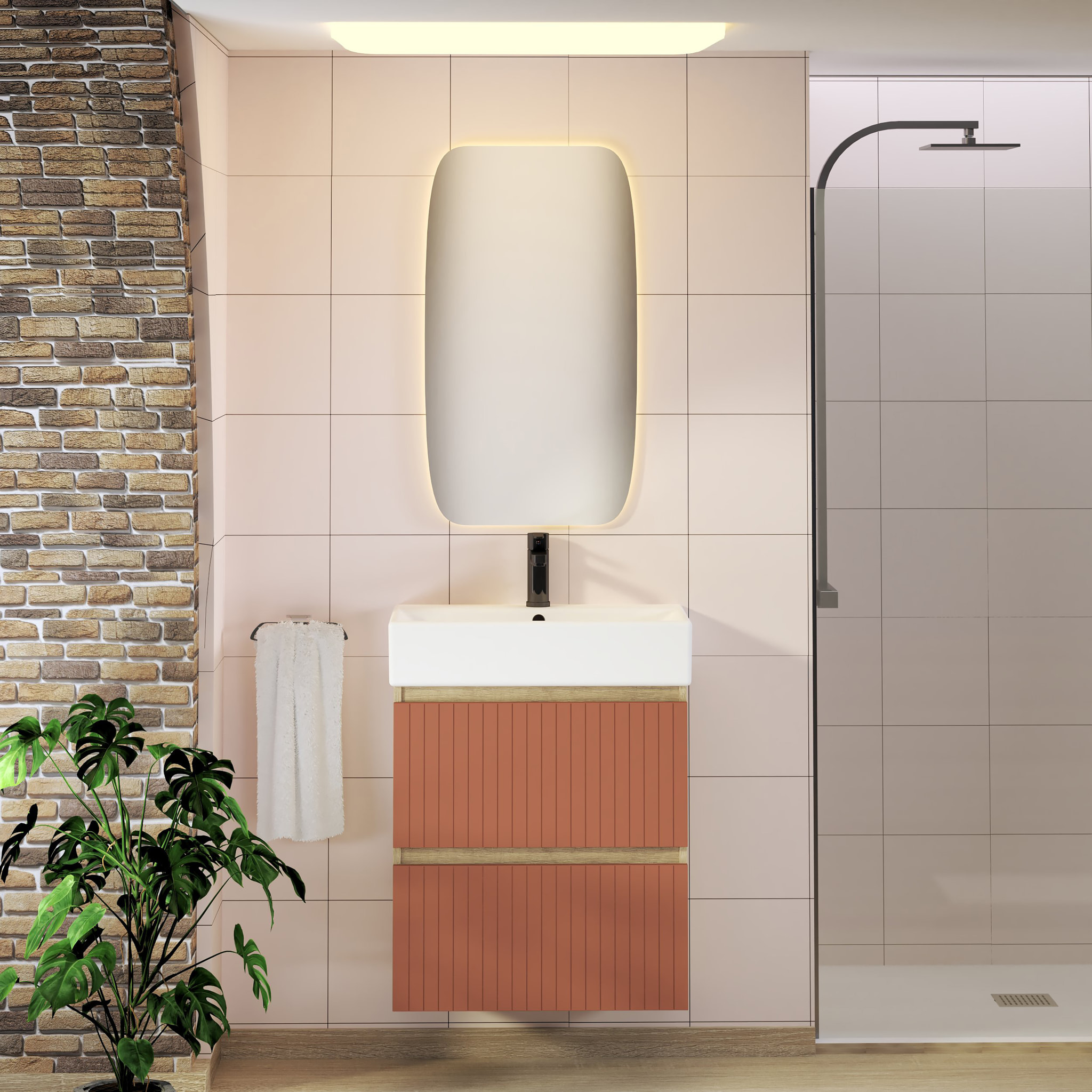 ENSEMBLE DE SALLE DE BAIN ZEL | MEUBLE SUSPENDU | 60 CM ÉCARLATE | DEUX TIROIRS | LAVABO ENCASTRÉ | MIROIR NON INCLUS | MEUBLE MONTÉ | ALDAY