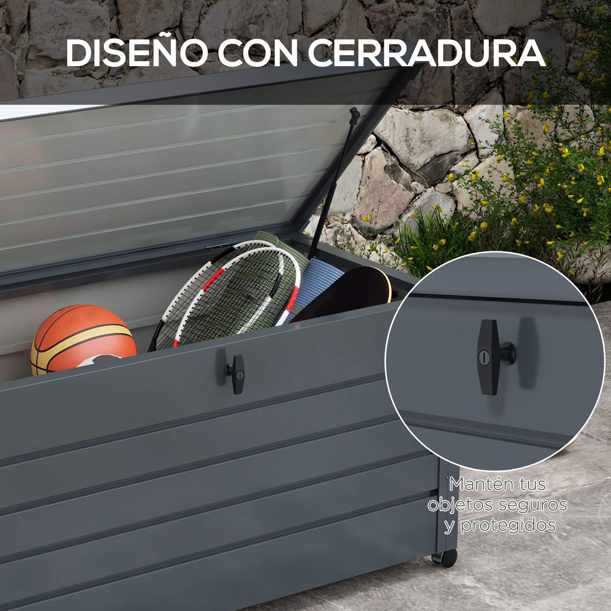 Arcón Exterior Capacidad 311L, Baúl de Almacenaje de Acero Galvanizado con 4 Ruedas, 2 Asas y Tapa con Cerradura, Impermeable, para Jardín, Terraza, Patio, 120x62x66 cm, Gris Oscuro