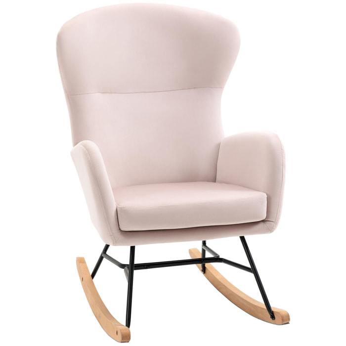 HOMCOM Silla Mecedora Tapizada en Terciopelo Sillón Balancín Relax con Asiento Acolchado Reposabrazos y Pies de Madera de Haya para Salón Dormitorio 65x87x102 cm Rosa