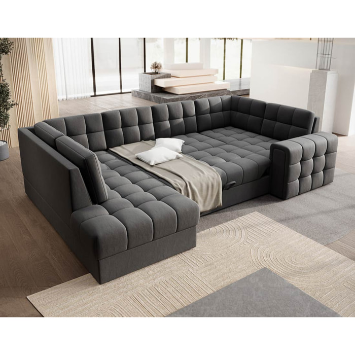 Nappa - Canapé panoramique d'angle droit 7 places convertible avec coffre en velours - Gris