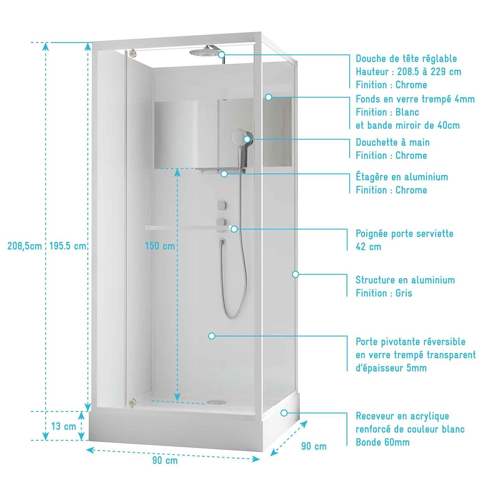 Cabine de Douche Carrée 90x90cm Porte Pivotante - Blanche - Bande Effet Miroir - SQUARE STRIPE