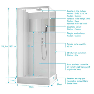 Cabine de Douche Carrée 90x90cm Porte Pivotante - Blanche - Bande Effet Miroir - SQUARE STRIPE