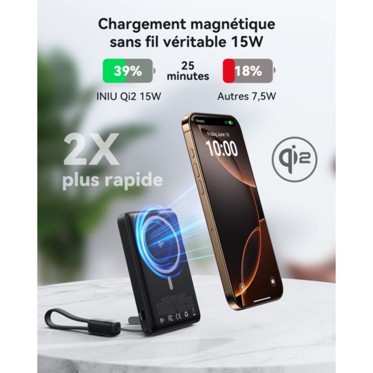 Batterie externe INIU 10000 mAh MagPro slim noir