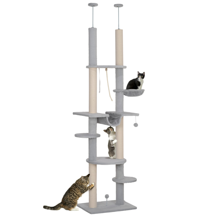 Árbol para Gatos de Suelo a Techo 225-255 cm Árbol Rascador para Gatos de 7 Niveles Torre para Gatos con Hamacas Plataformas Juguete de Cuerda Bola de Juguete Gris