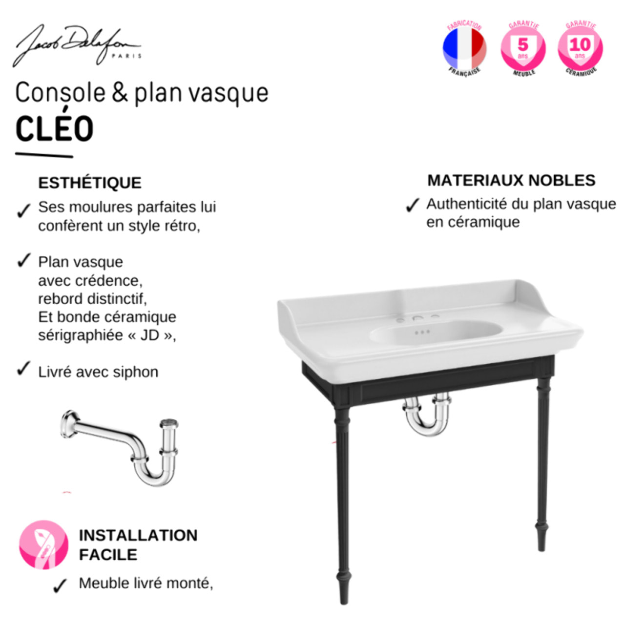 Console Cléo 1889 avec plan vasque 3 trous + siphon chromé