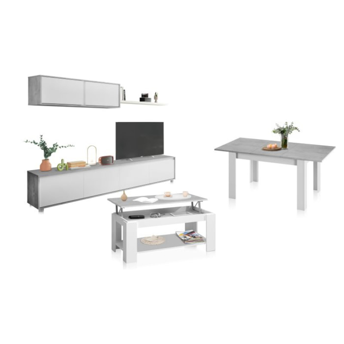 Pack salón con mesa de centro y mesa de comedor Arlet Max Blanco Artik (Blanco Mate) - Gris Cemento