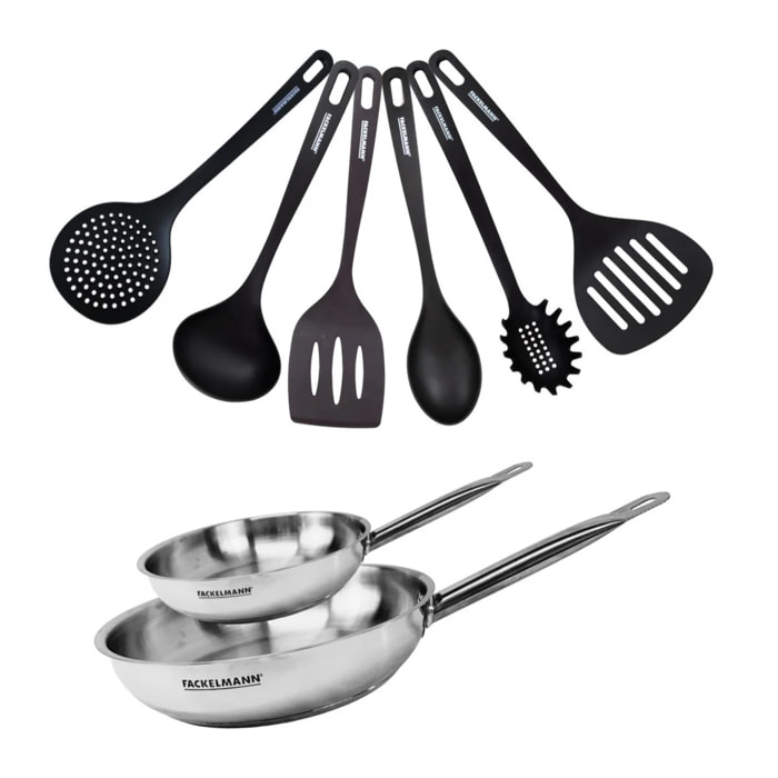 Set de 2 poêles en inox et 6 ustensiles RPET Fackelmann Eterna