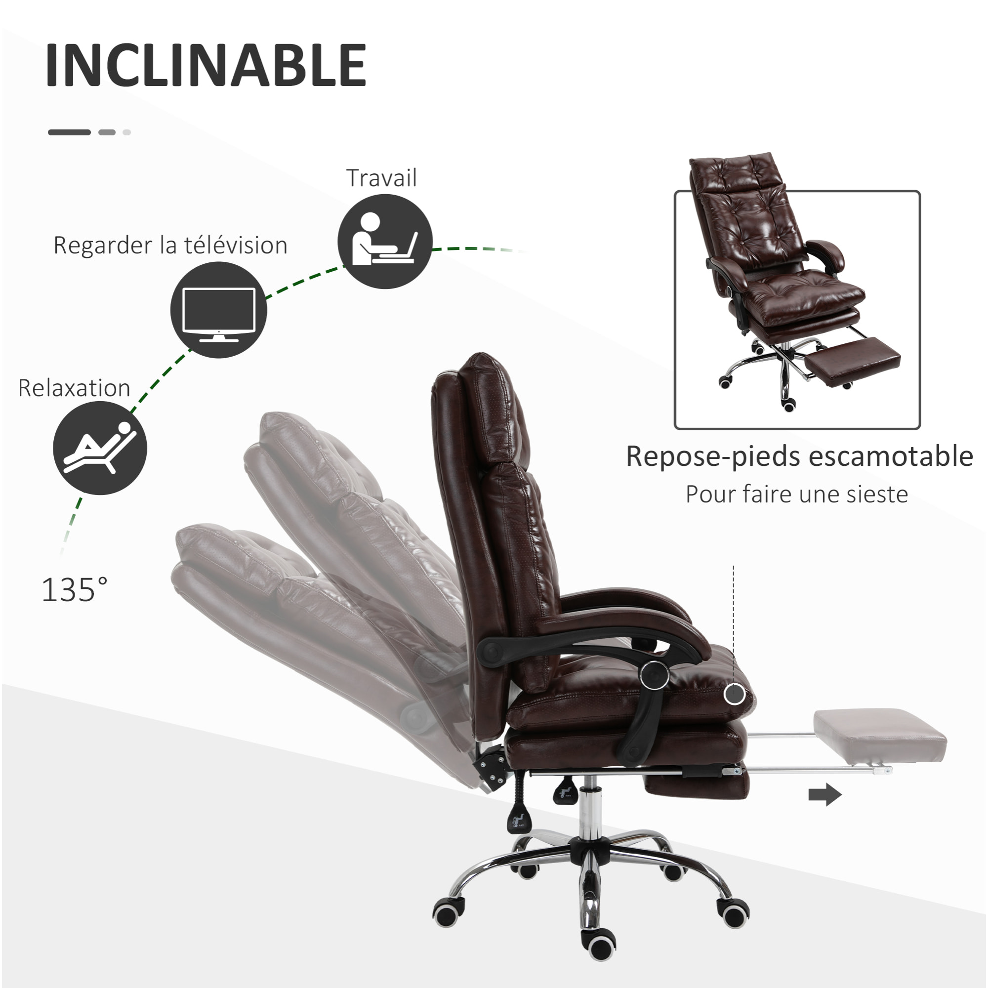 Vinsetto Fauteuil de bureau, chaise de bureau ergonomique avec hauteur réglable, dossier inclinable et repose-pied rétractable et pivotant à 360°, cuir synthétique, pour chambre, télétravail, marron