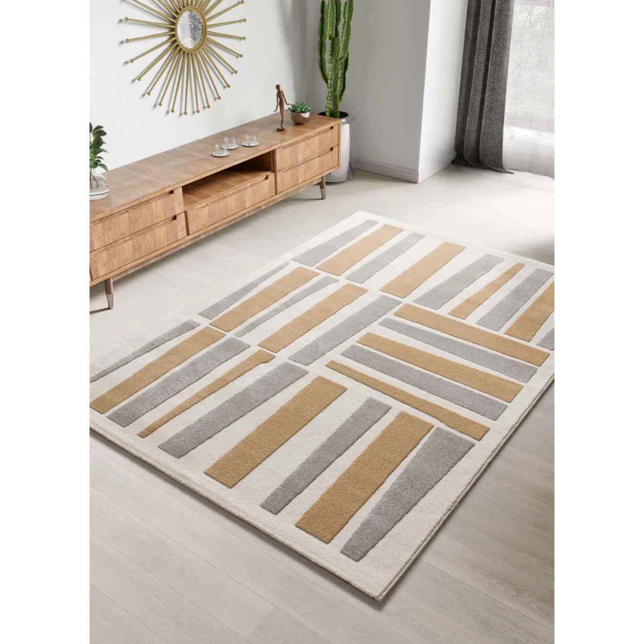 FLORA Alfombra geométrica con relieve en tonos beige y gris, varias medidas disponibles
