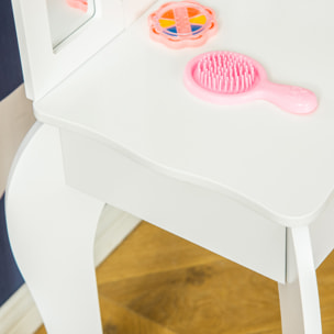 Coiffeuse enfant avec tabouret, miroir triptyque et tiroir coulissant - coiffeuse dim. 63L x 40l x 85,5H cm - MDF blanc acrylique