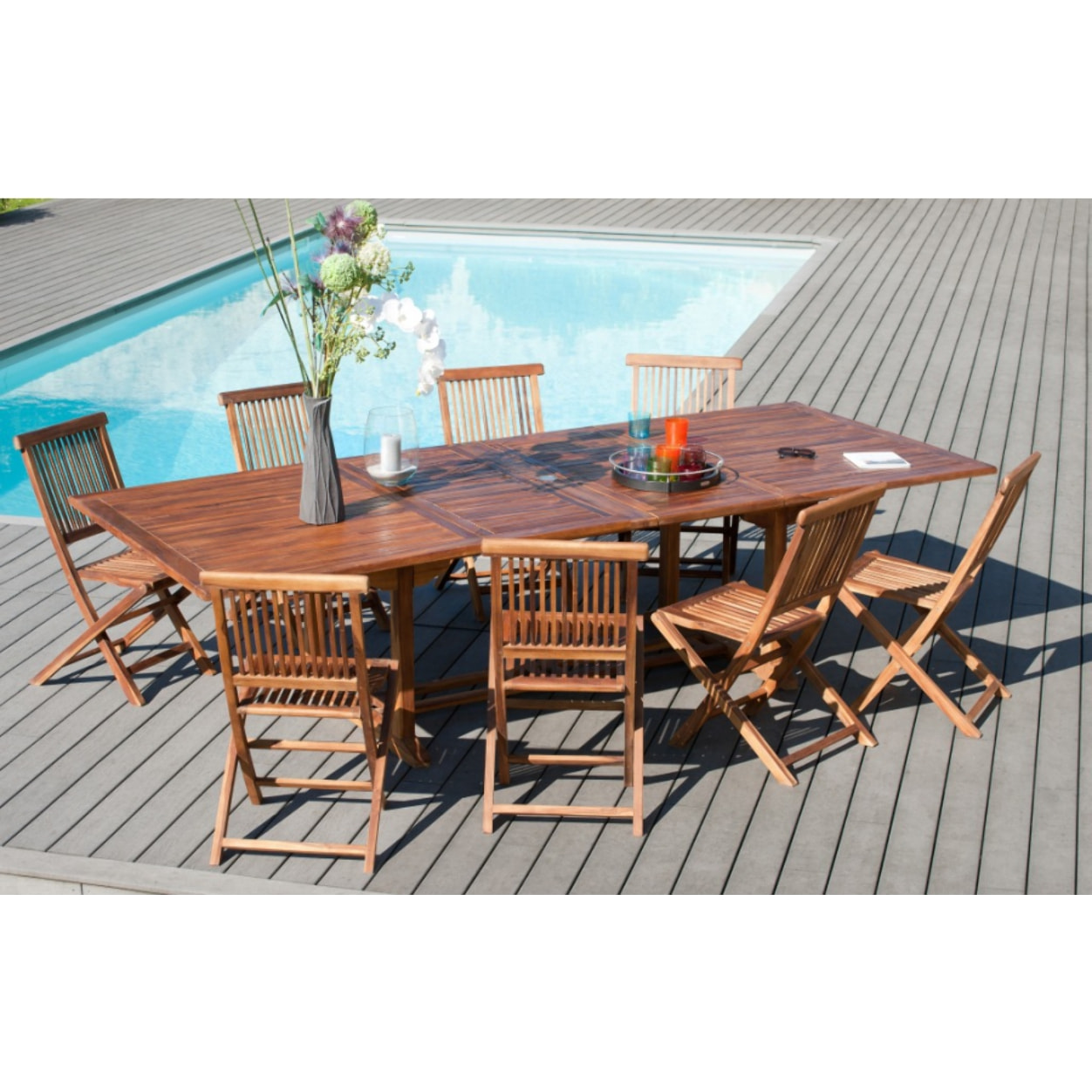 HANNA - SALON DE JARDIN EN BOIS TECK 10/12 pers - 1 Table rectangulaire extensible 200/300*120 cm et 8 chaises