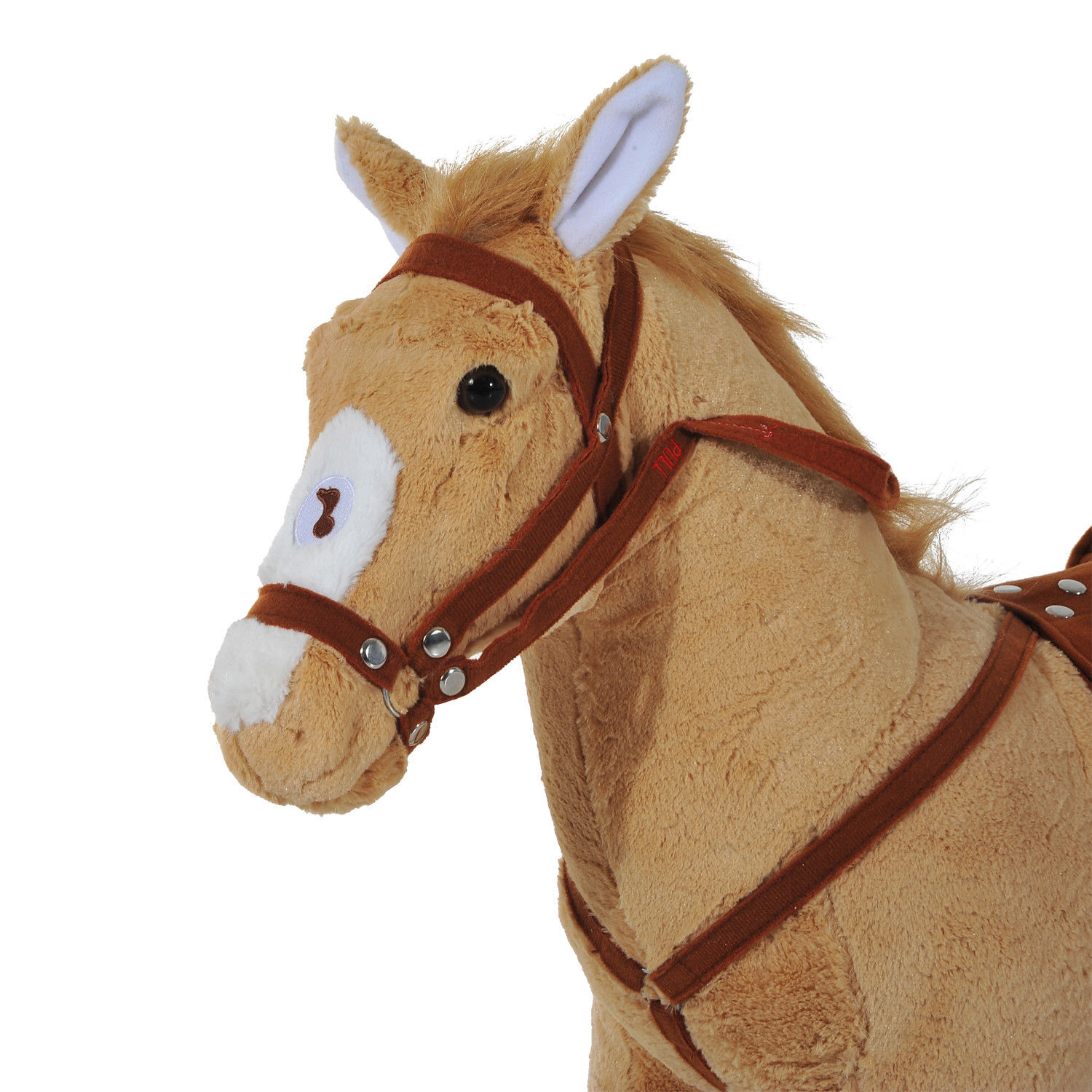 Cheval debout en peluche effets sonores hennissement et galop selle étrier rênes beige