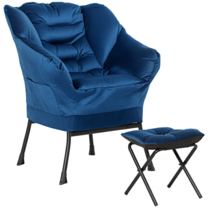 Sillón de Salón con Reposapiés Sillón de Relax Butaca para Dormitorio con Bolsillos Laterales y Patas de Acero para Sala de Estar Azul Oscuro