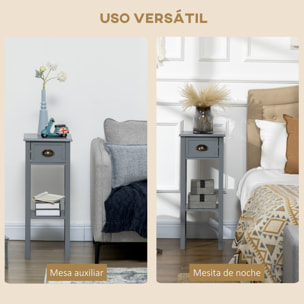 Mesa Auxiliar Estilo Moderno Mesita Auxiliar con Cajón y Estante de Almacenamiento Mesita de Noche para Sala de Estar Dormitorio 30x30x75 cm Gris