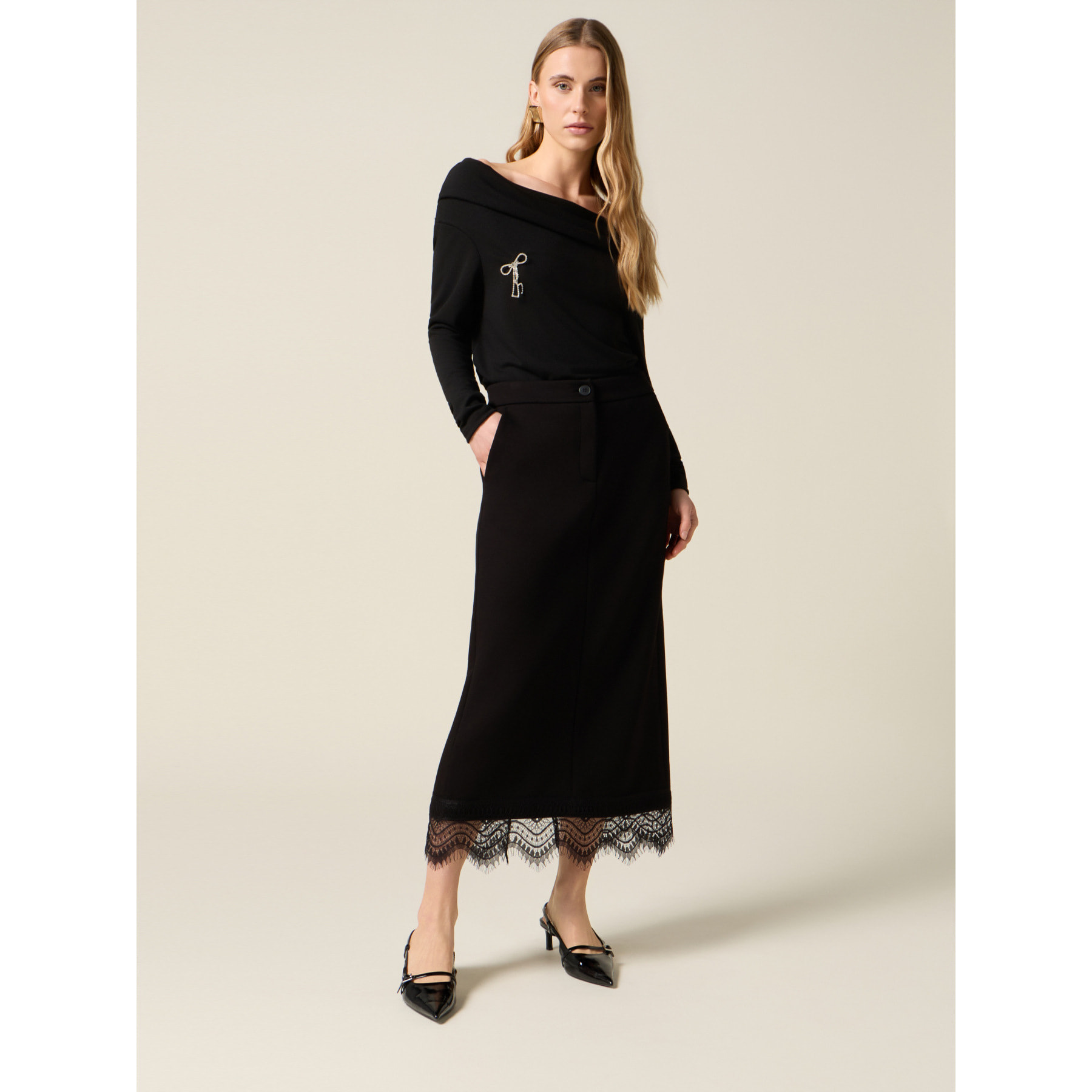 Oltre - Falda tubo en scuba y encaje - Negro