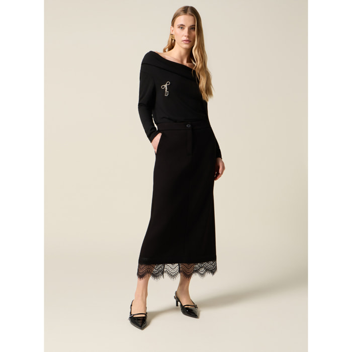 Oltre - Falda tubo en scuba y encaje - Negro