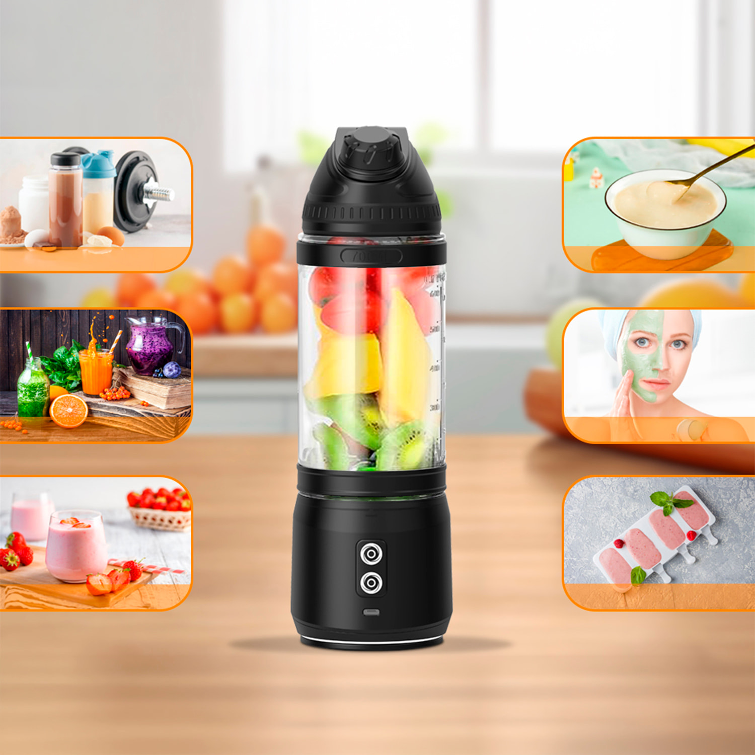 Frullatore portatile A11 Pro da 700 ml con potente motore da 240W, batteria ad alta capacità da 4000mAh e sistema di rotazione bidirezionale. Con luci LED.