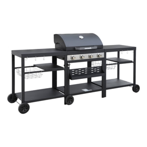 Barbecue 4 brûleurs. cuisine d'extérieure DANGLARS. Acier noir. L 223.5 x P 60.5 x H 142 cm