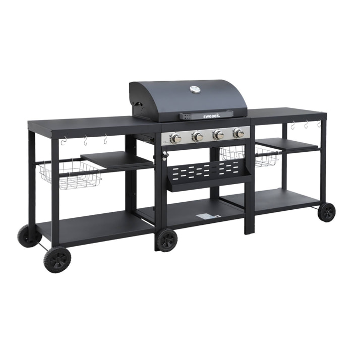 Barbecue 4 brûleurs. cuisine d'extérieure DANGLARS. Acier noir. L 223.5 x P 60.5 x H 142 cm