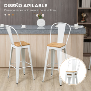 Juego de 4 Taburetes Altos de Cocina Apilables con Respaldo Alto Taburetes de Bar con Reposapiés Asiento de Madera y Marco de Acero Carga 120 kg 44x53x116 cm Blanco