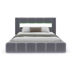 MAKILA Lit nuage coffre LED 140x190cm velours gris avec tête de lit et sommier