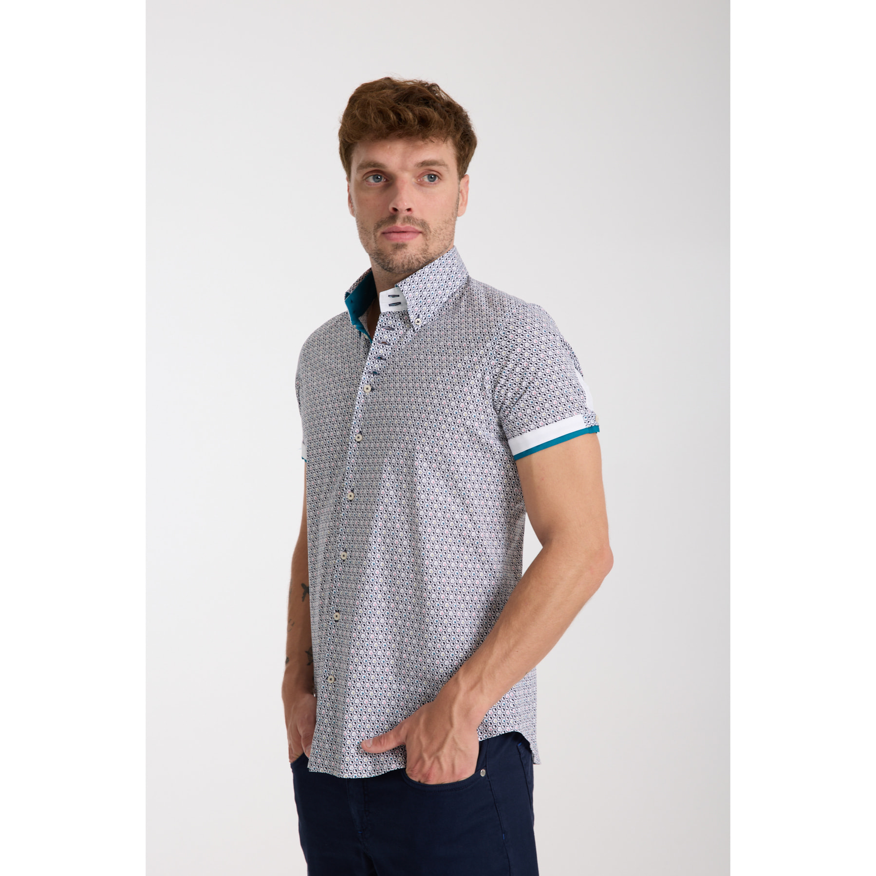 Camicia Uomo Manica Corta 2 Bottoni Button Down 7 Botto Popeline Stretch Stampato Bianco e Blu