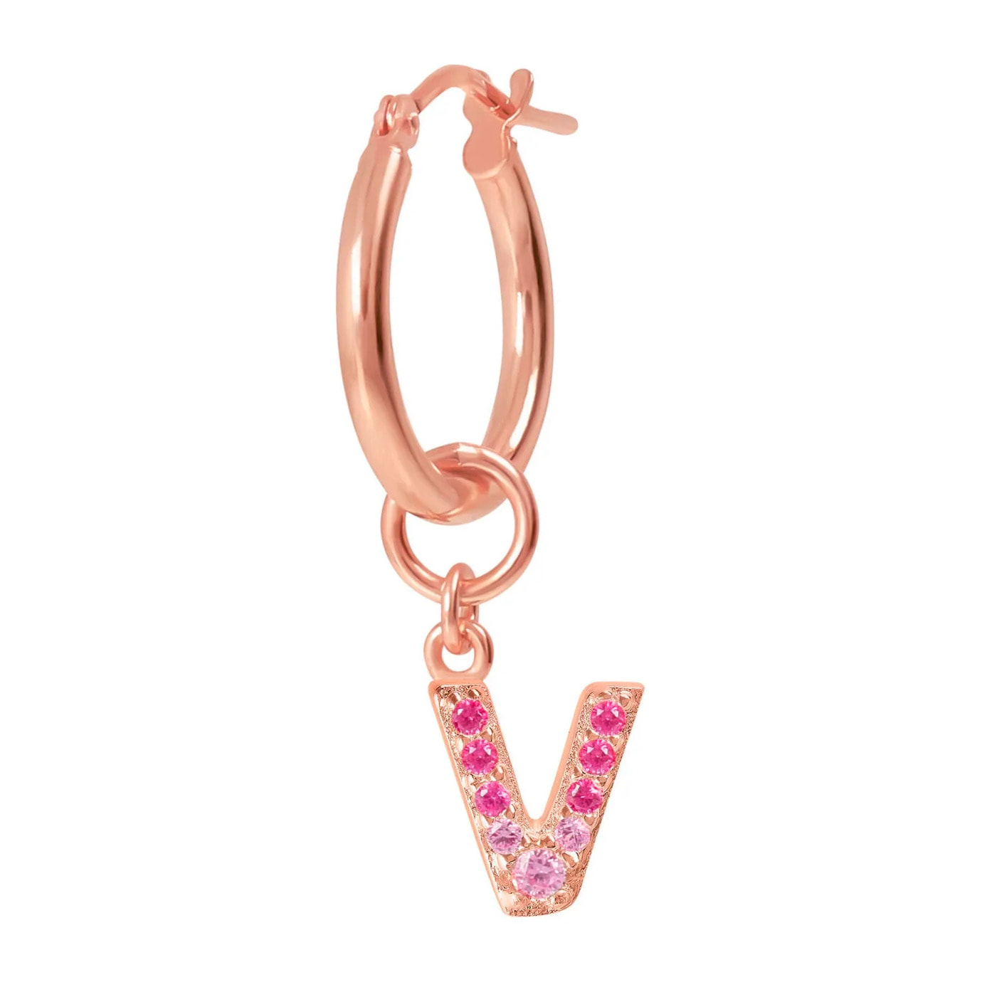 Orecchino a Cerchio con Ciondolo Lettera V in Pavé di Cubic Zirconia Blu