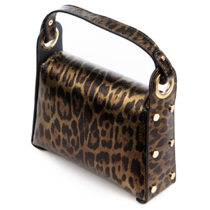 Aquileia bolso de mano mujer. Piel auténtica Gamuza con estampado animal print leopardo lacada brillante.