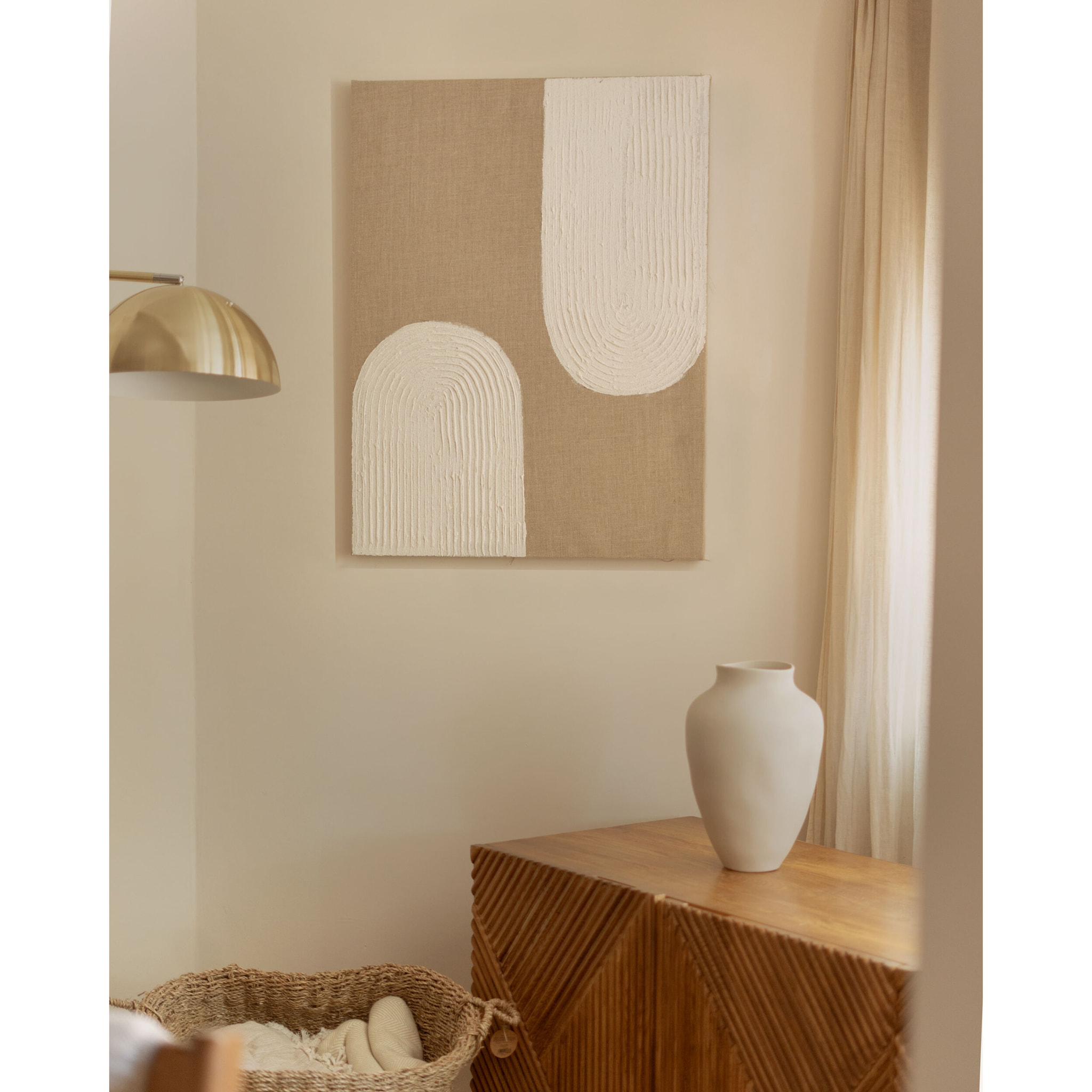 Tableau beige et blanc décoratif sur lin avec cadre en bois peint à la main à la peinture à l'huile en différentes tailles